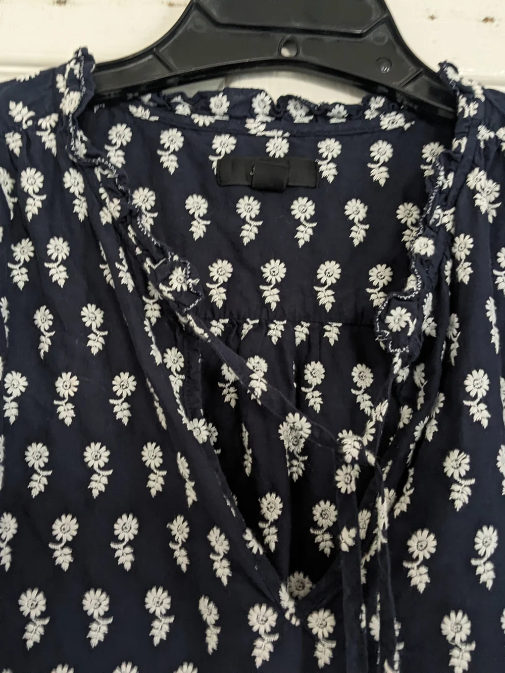 J. Crew Navy and White Floral Tie-Neck Short Sleeve Blouse